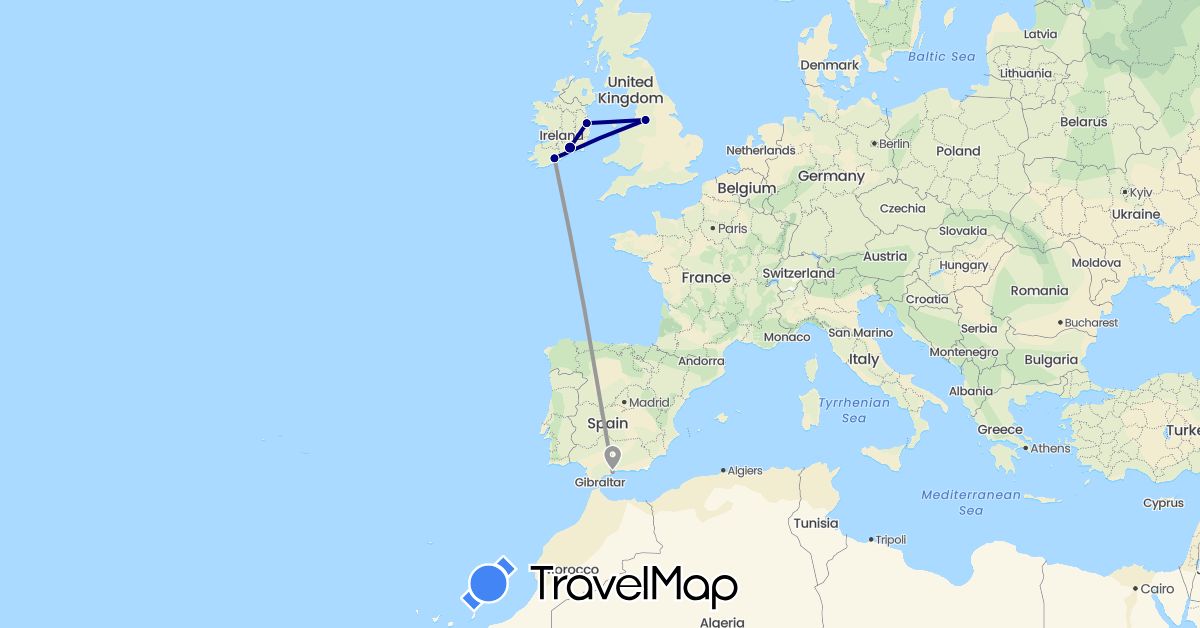 TravelMap itinerary: driving, plane in Spain, United Kingdom, Ireland (Europe)